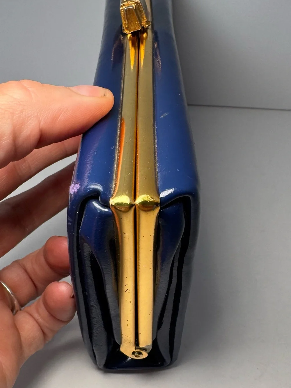 Vintage 1960s Elbief England Navy Blue Patent Box Clutch Bag Gold Clasp